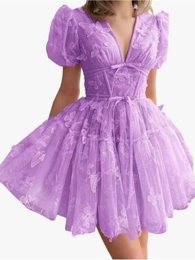 Lavender Lace Puff-Sleeve Mini Dress